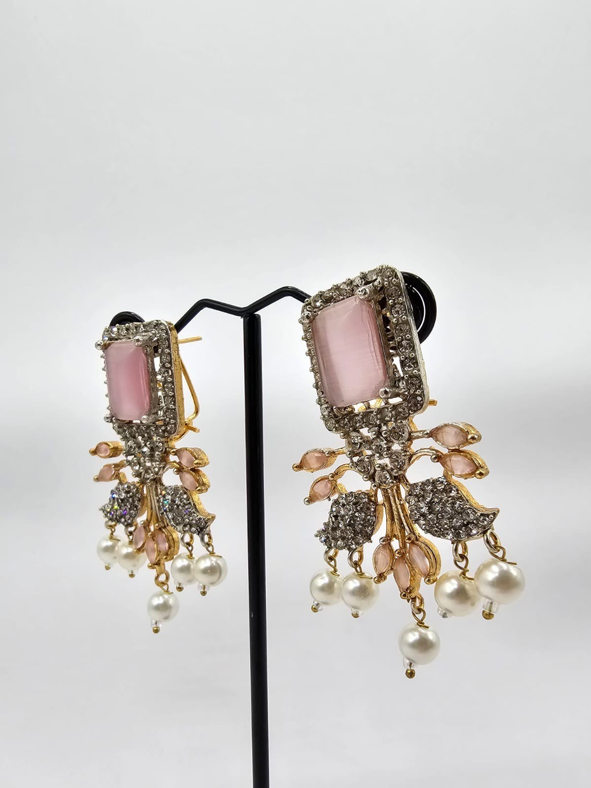 Elegant Pink & Gold Crystal Drop Earrings with Pearl Accents