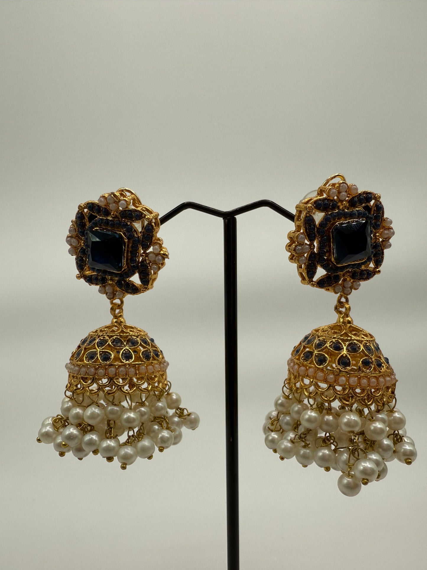 Elegant Black & Gold Jhumka Earrings with Pearl Detailing