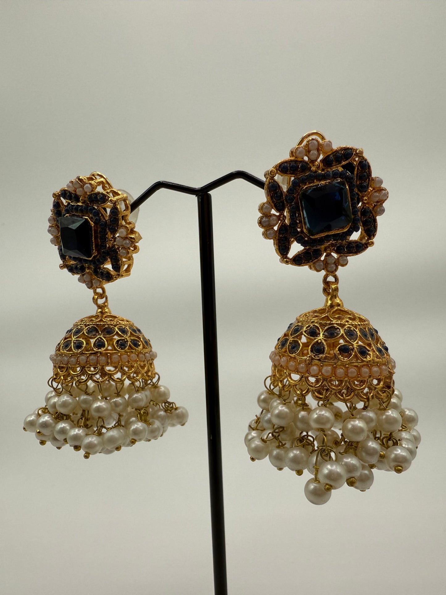 Elegant Black & Gold Jhumka Earrings with Pearl Detailing