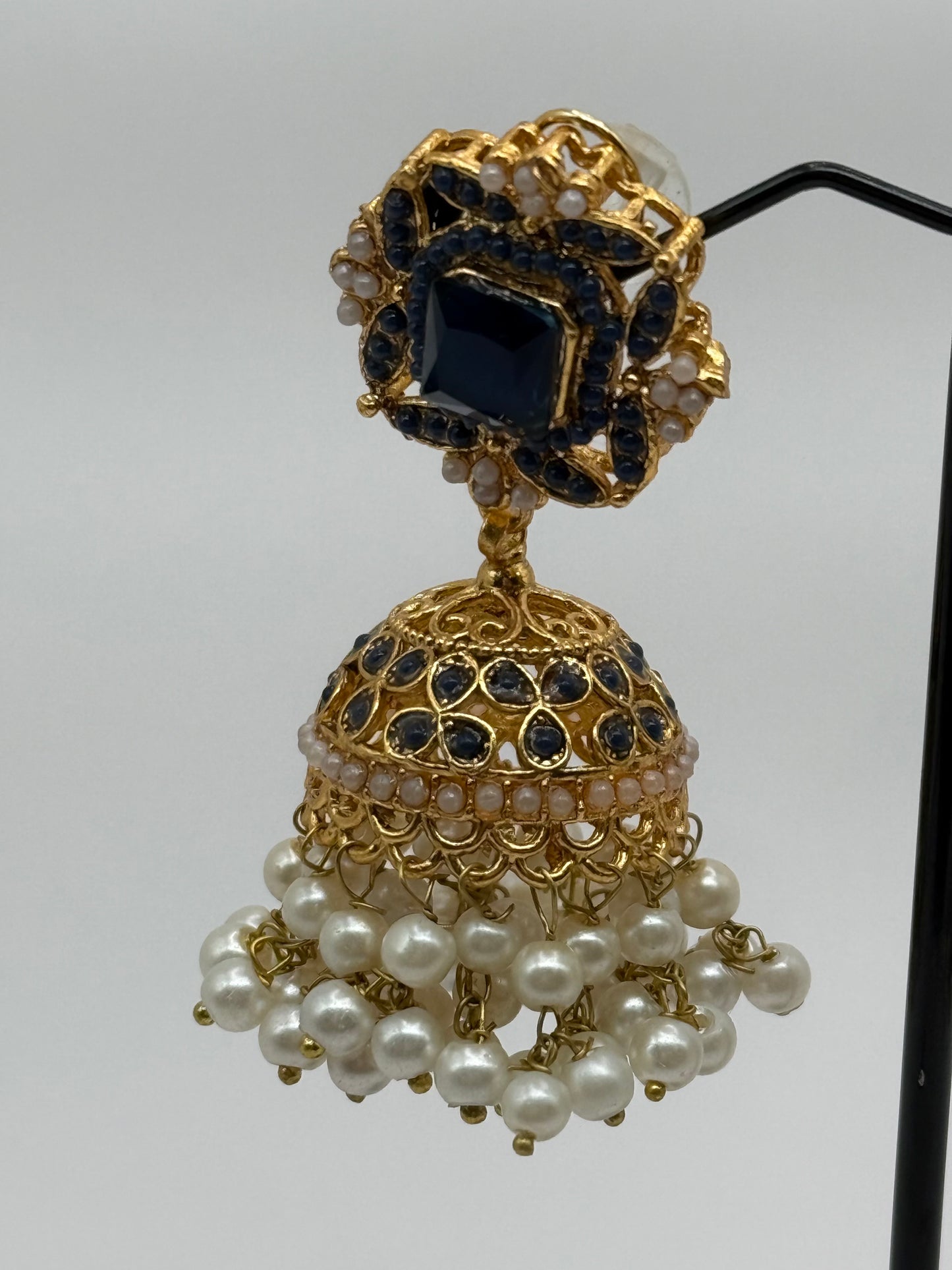 Elegant Black & Gold Jhumka Earrings with Pearl Detailing