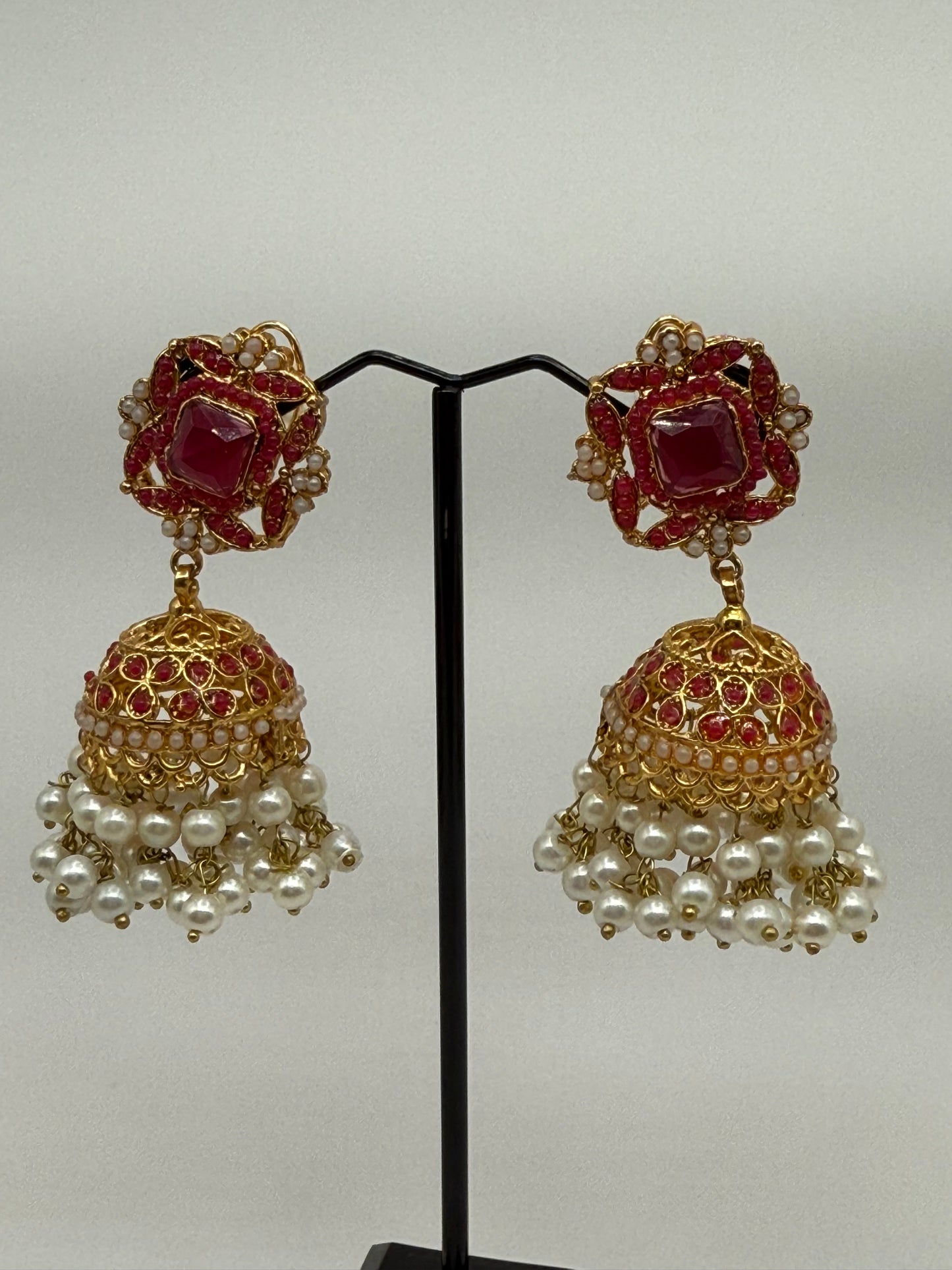 Luxurious Red & Gold Jhumka Earrings with Pearl Detailing