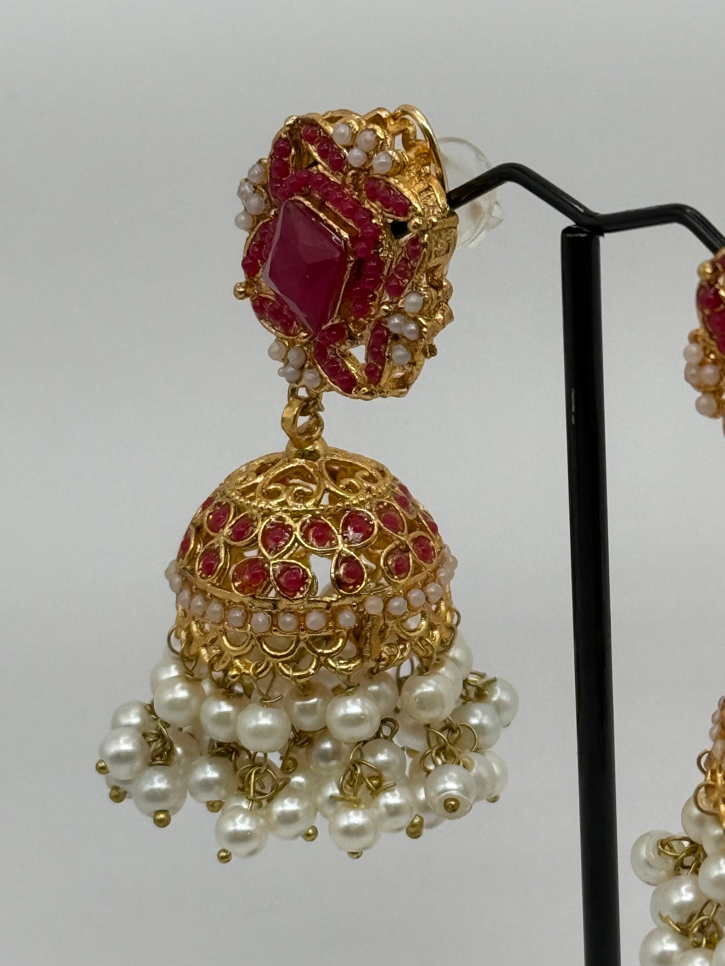 Luxurious Red & Gold Jhumka Earrings with Pearl Detailing