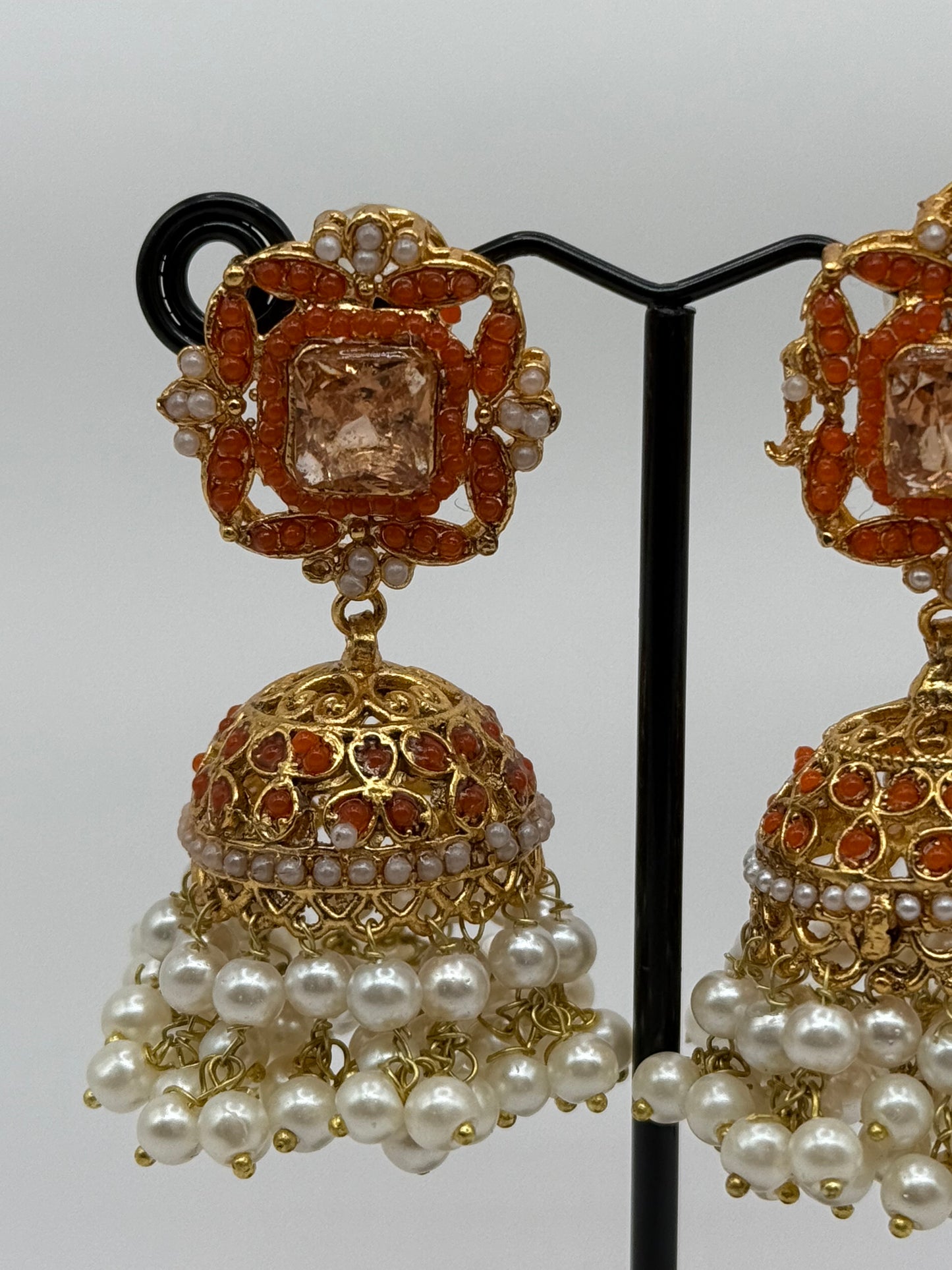 Elegant Orange & Gold Jhumka Earrings with Pearl Drops