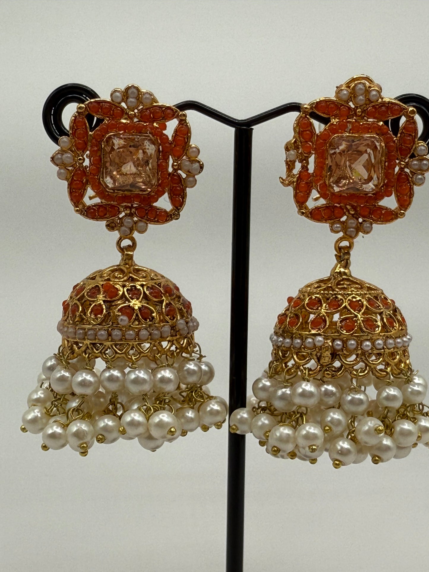 Elegant Orange & Gold Jhumka Earrings with Pearl Drops