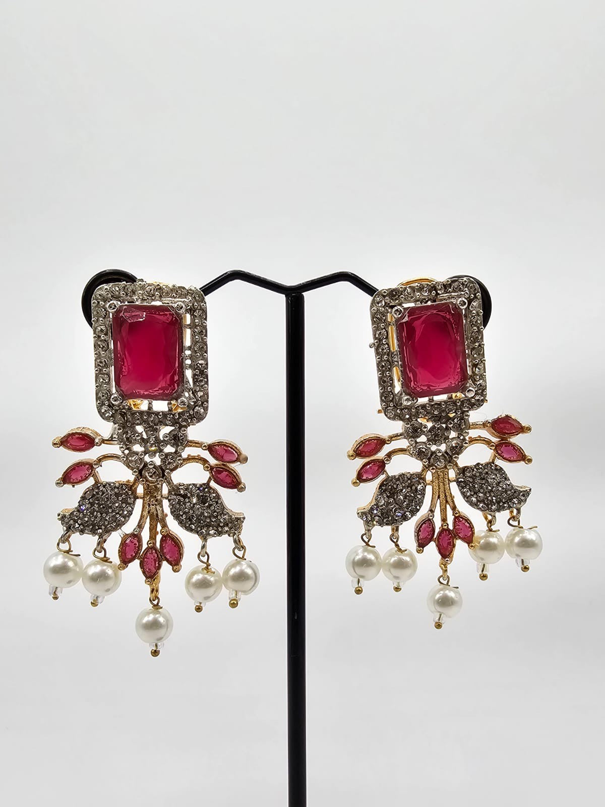 Luxury Ruby Red & Gold-Plated Drop Earrings with Pearl Accents