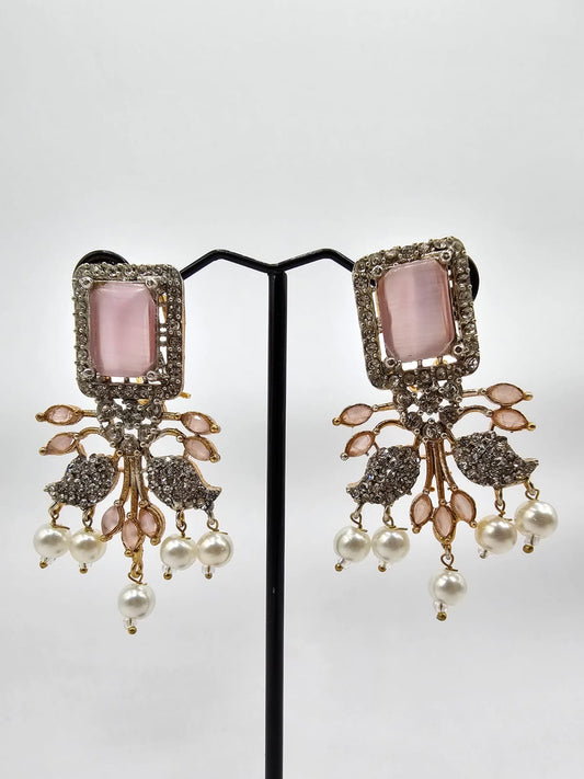 Elegant Pink & Gold Crystal Drop Earrings with Pearl Accents