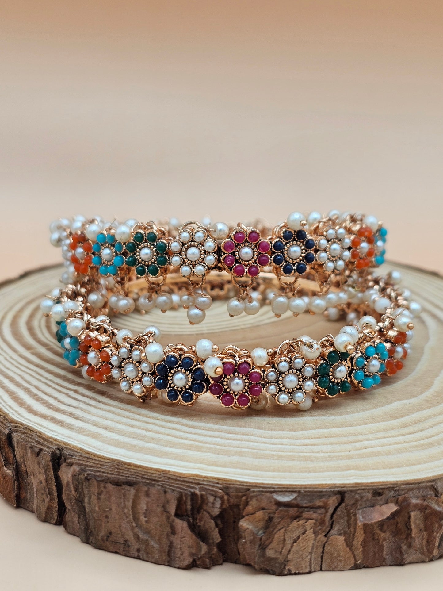 Elegant Indian Pearl Bangle with Vibrant Enamel Accents