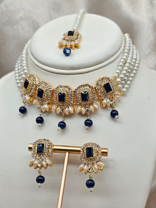 Navy Blue Gem stone with Pearl set