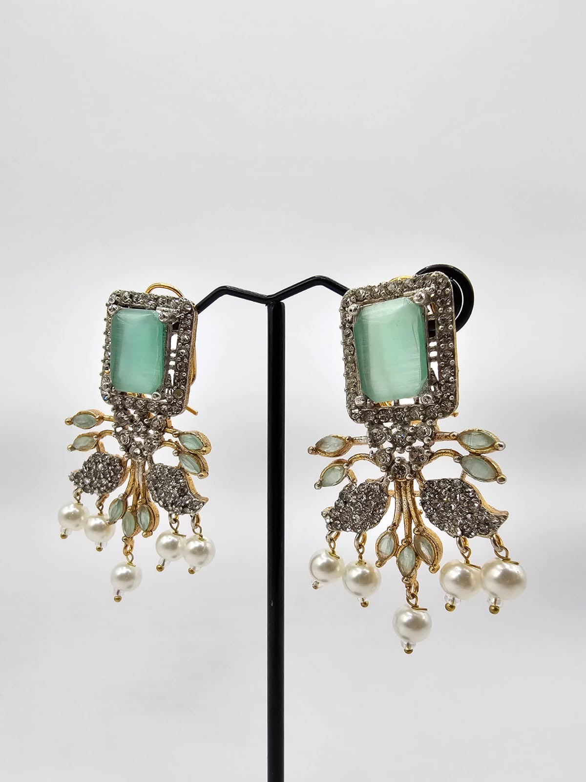 Elegant Mint Green & Gold-Plated Drop Earrings with Pearl Accents