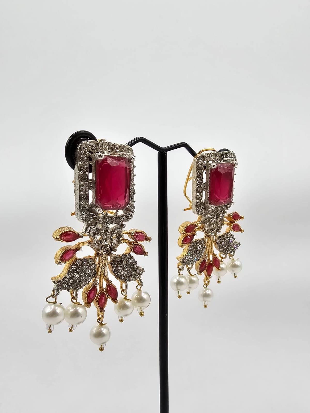 Luxury Ruby Red & Gold-Plated Drop Earrings with Pearl Accents