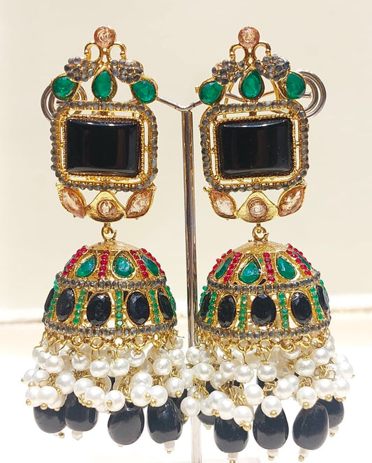 Black & Emerald Jhumka Earrings – A Timeless Statement of Elegance