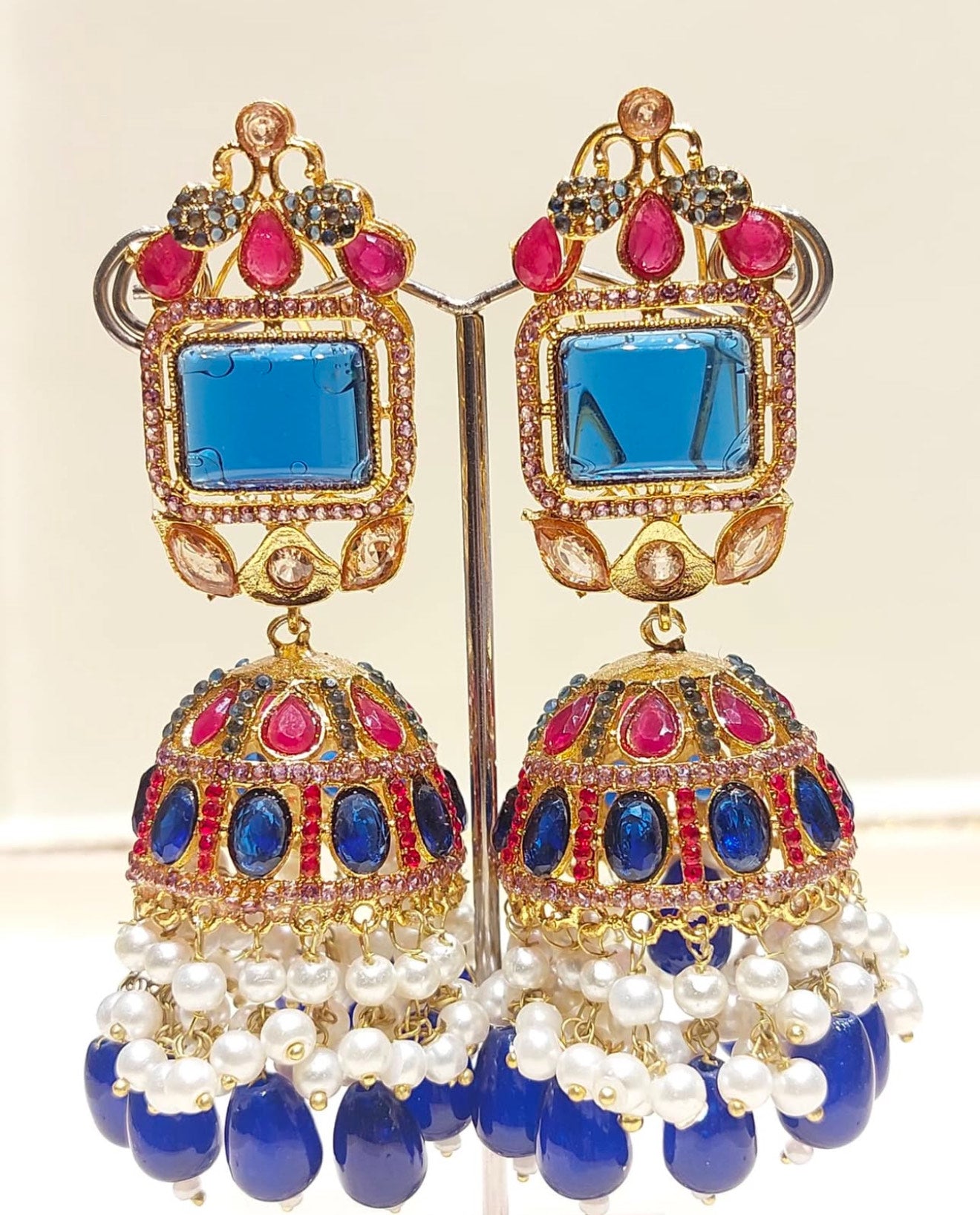 Royal Blue & Ruby Jhumka Earrings