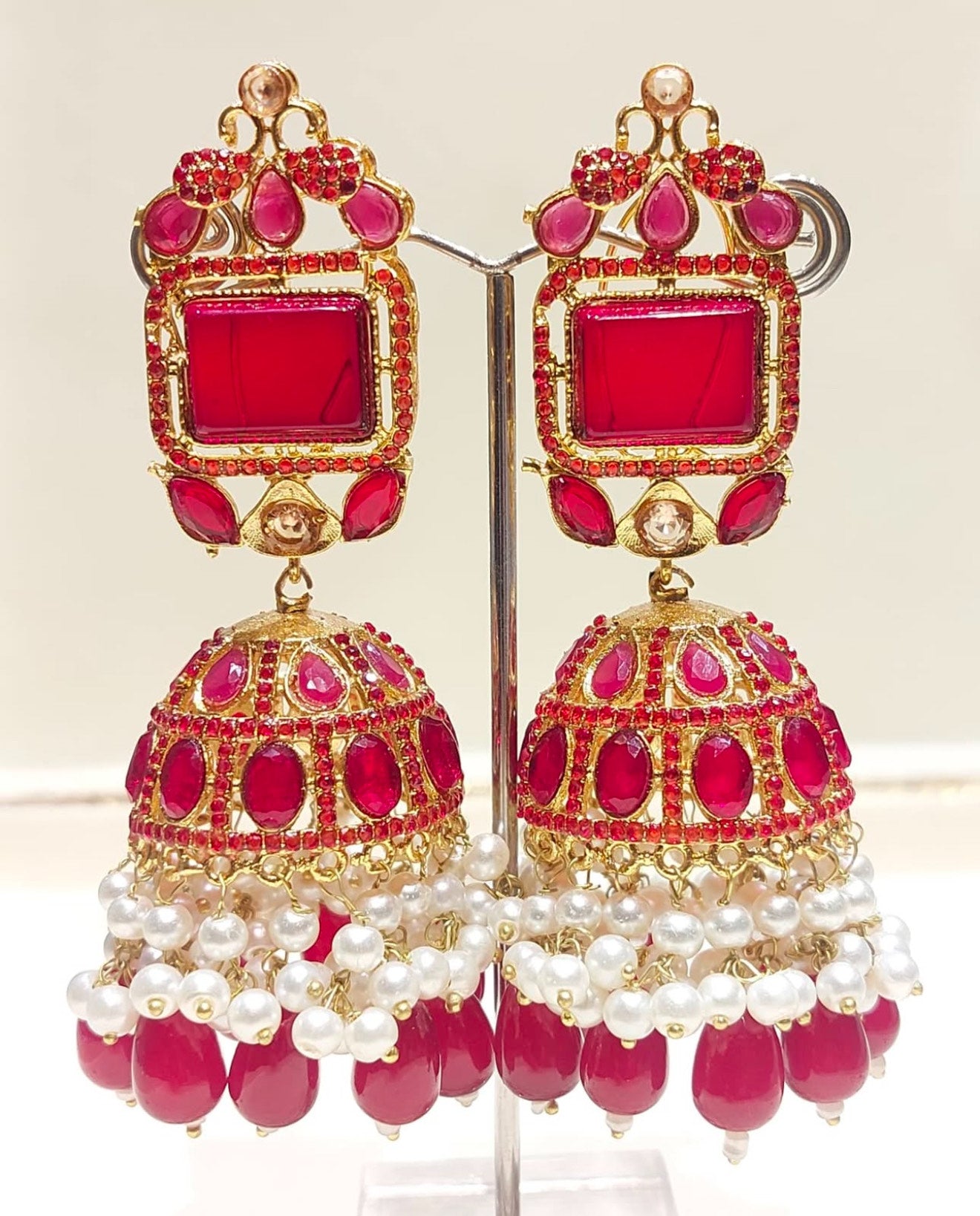 Regal Ruby & Pearl Jhumka Earrings