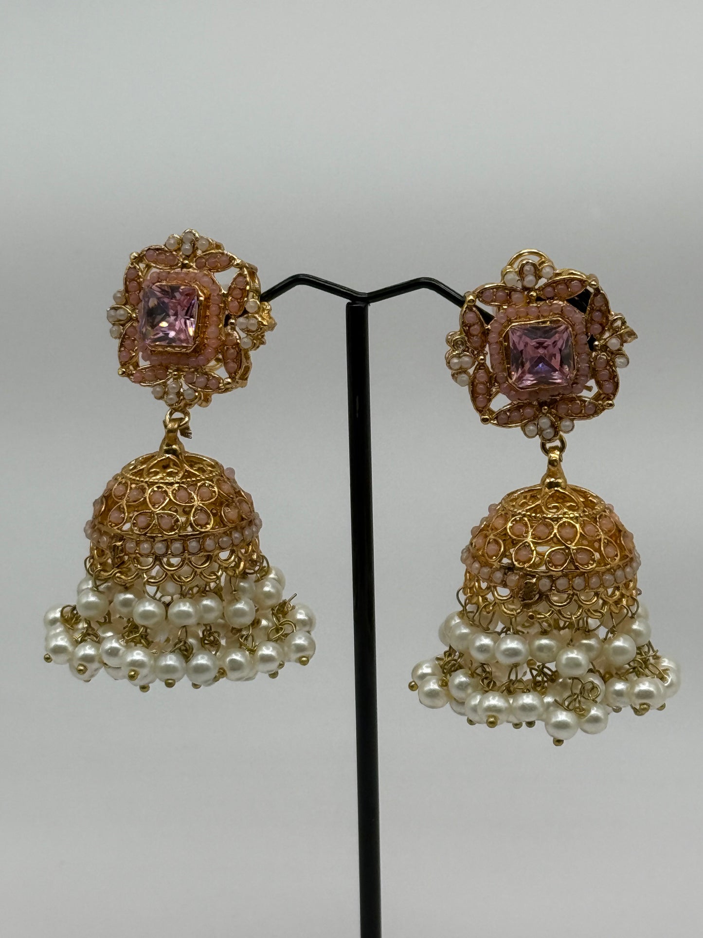 Elegant Pink & Gold Jhumka Earrings with Pearl Detailing