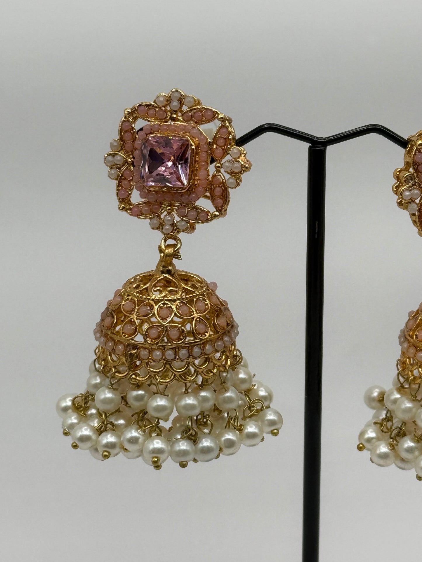 Elegant Pink & Gold Jhumka Earrings with Pearl Detailing