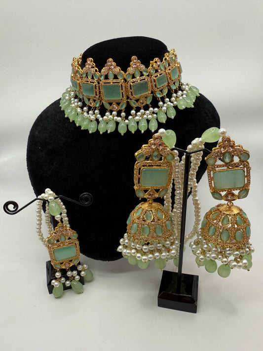 Gold-Plated Kundan & Sage Green Pearl Jewelry Set