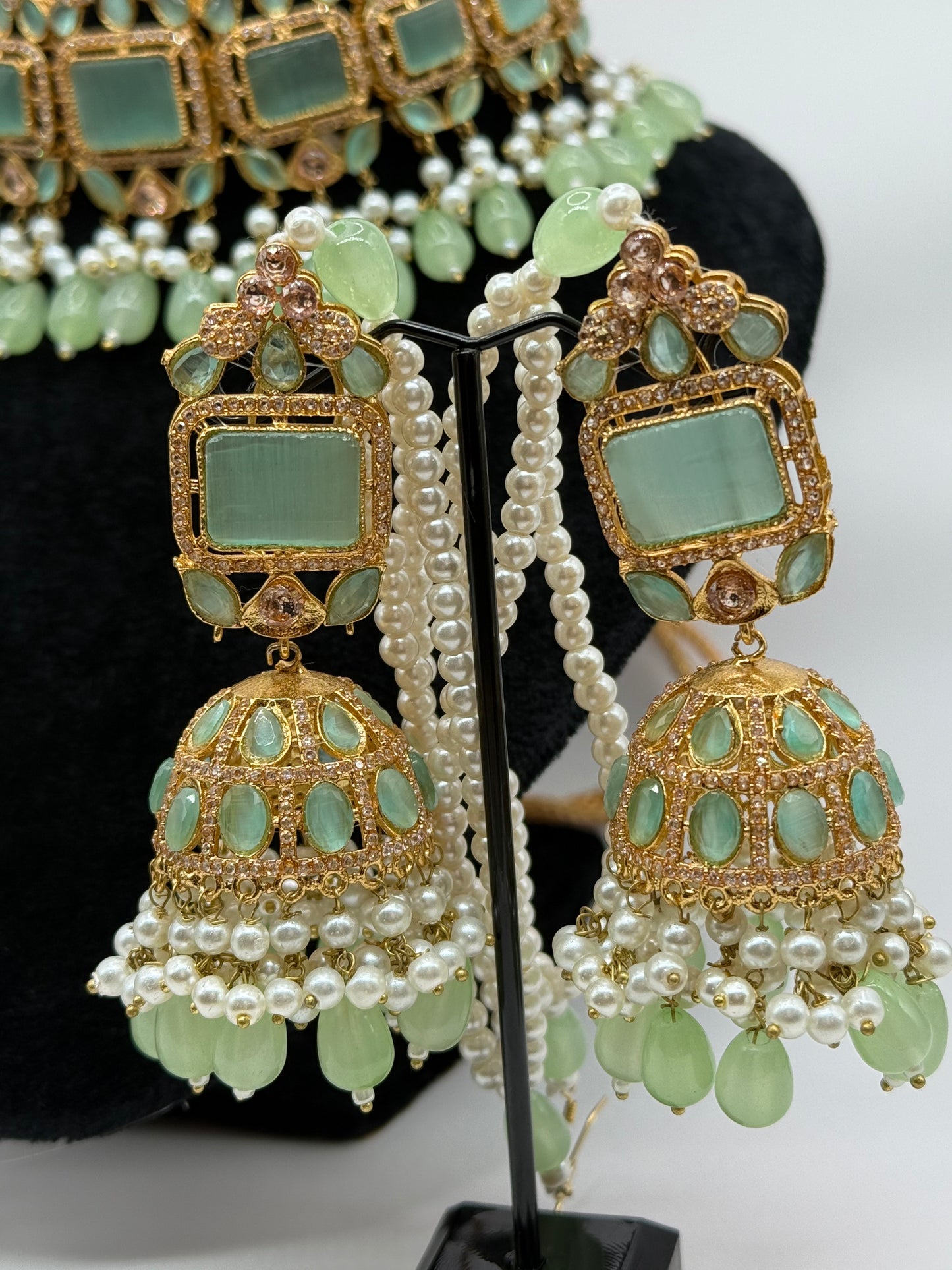 Gold-Plated Kundan & Sage Green Pearl Jewelry Set