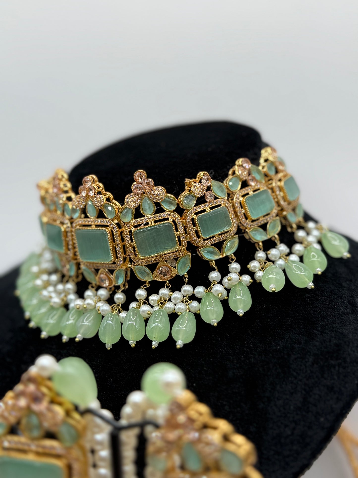 Gold-Plated Kundan & Sage Green Pearl Jewelry Set