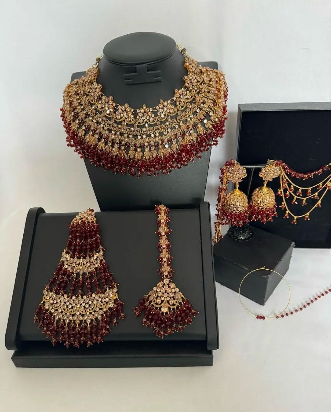 Luxury 5 Piece Gold & Maroon Bridal Jewelry Set