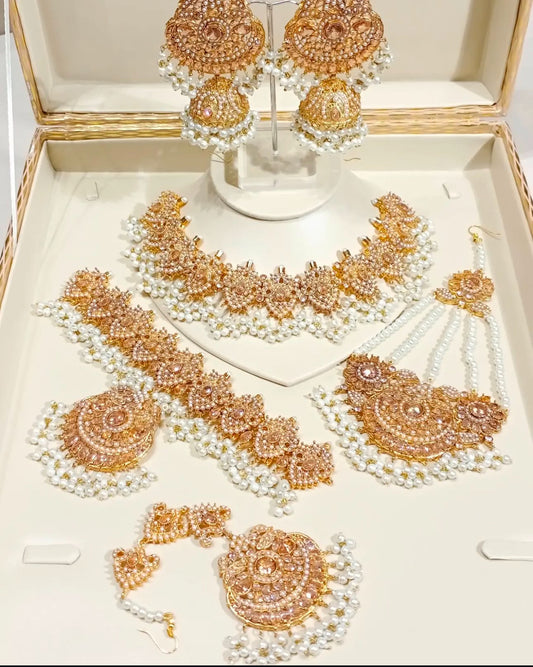 Exquisite 5 Piece Gold & Pearl Bridal Jewelry Set