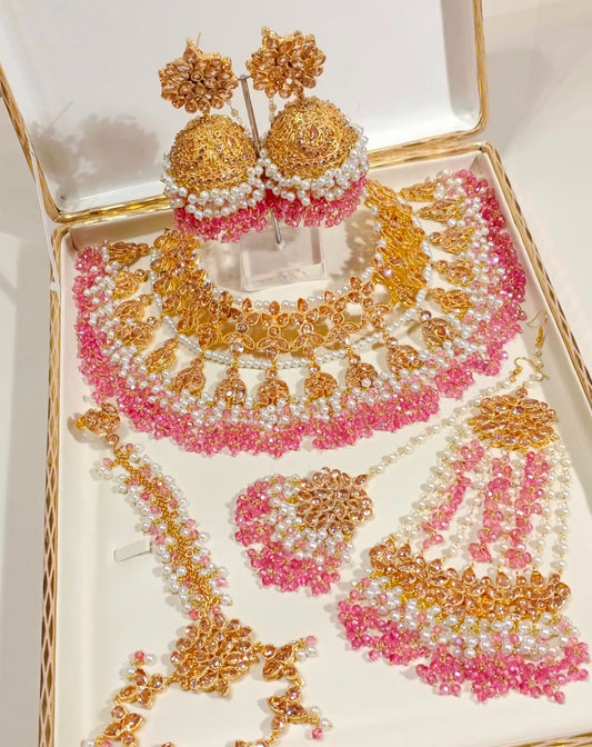 Luxury 5 Piece Gold, Pearl & Pink Bridal Jewelry Set