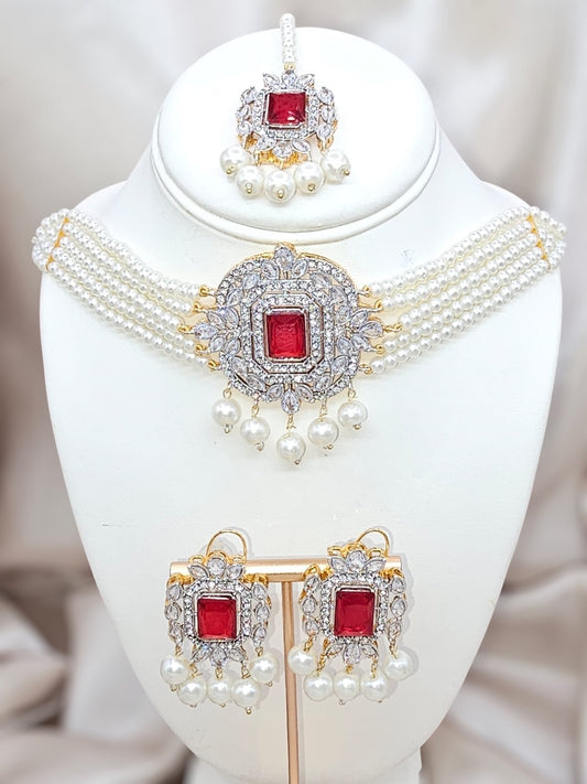 Elegant Pearl & Ruby Jewelry Set