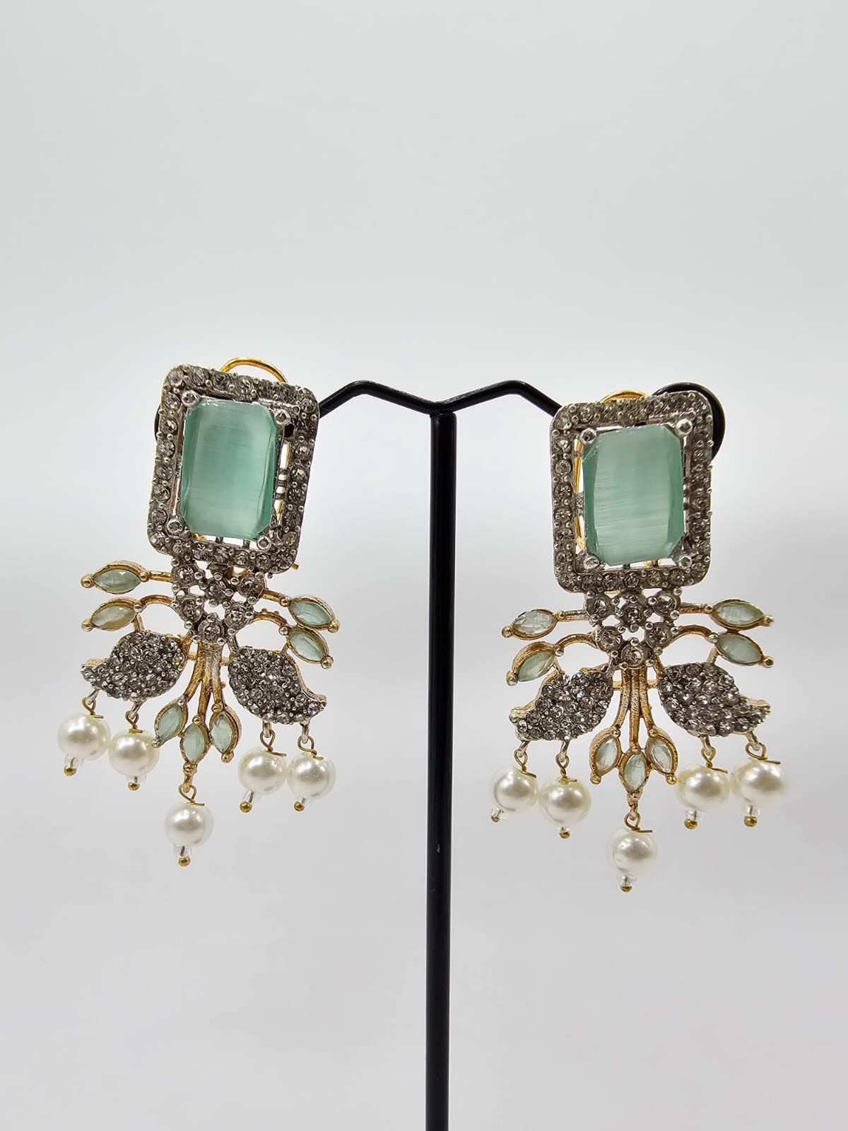 Elegant Mint Green & Gold-Plated Drop Earrings with Pearl Accents